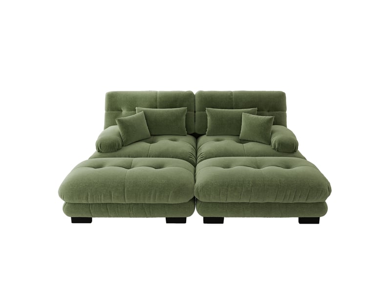 Canapé d’angle modulable 2 places en chenille vert avec 2 poufs - Conforama A