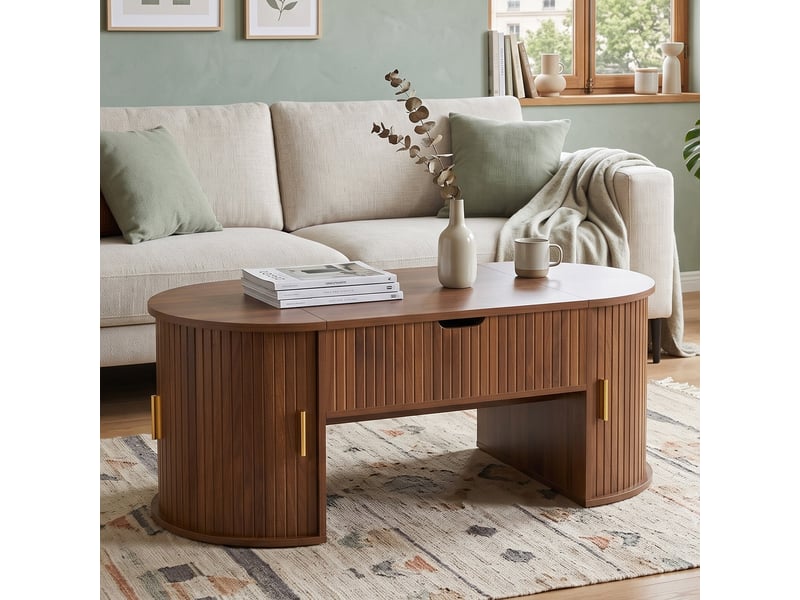  Table basse relevable ovale effet noyer portes coulissantes et étagère  - Conforama B