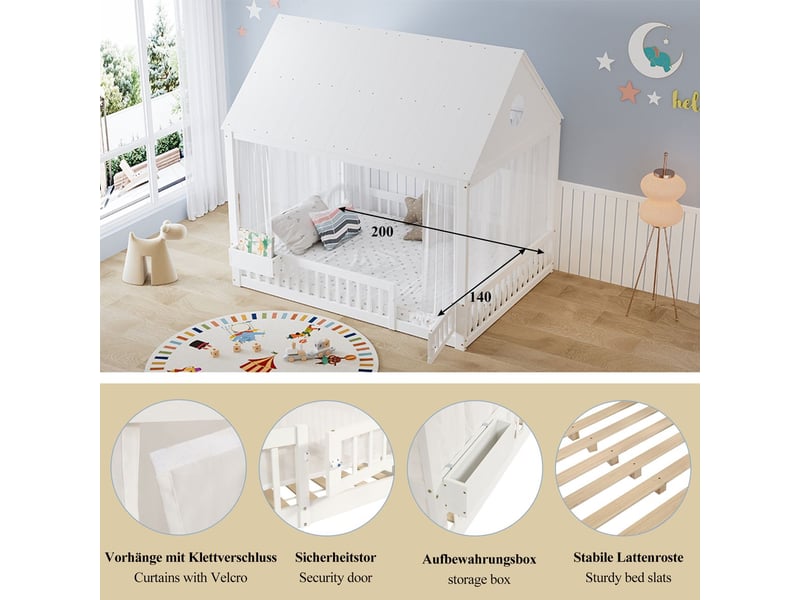 Lit enfant 140x200, univers ludique lit cabane enfant, structure bois massif, rangement intégré, rideaux décoratifs - Conforama E