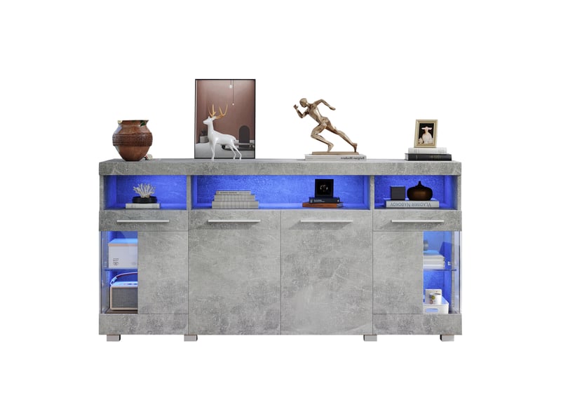  Buffet salon industriel gris ciment 140x40x70cm, meuble rangement mdf avec verre trempé et éclairage led intégré  - Conforama A