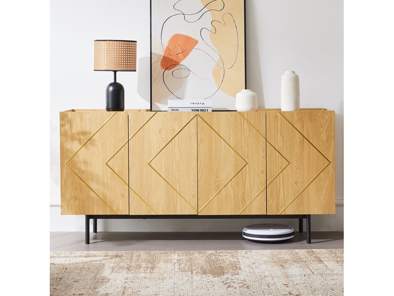 Buffet 4 portes avec décorations métalliques, panneau de particules, naturel – 160 x 40 x 78 cm - Conforama B