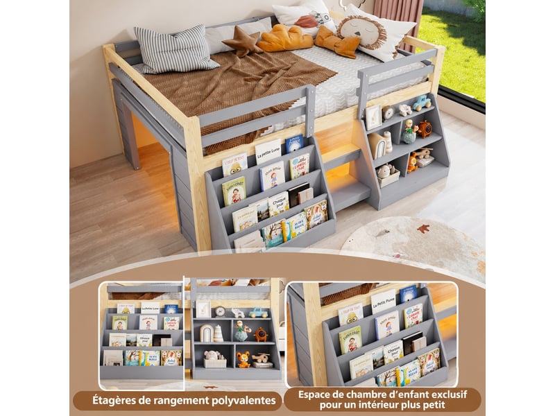  Lit mi-hauteur 140 x 200 avec rangement, led, pin, gris et naturel  - Conforama E