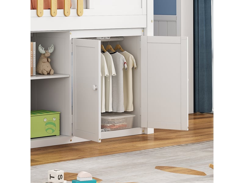  Lit mezzanine enfant 90 x 200 cm avec armoire et rangements, toit cabane et fenêtre, pin et mdf, blanc et naturel  - Conforama R