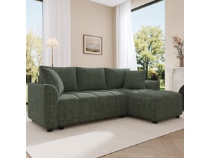 Canapé d’angle réversible 3 places 204 cm en chenille vert, sofa en l avec méridienne modulable, accoudoirs arrondis, 2 coussins salon