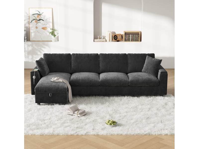  Canapé d'angle convertible modenvie 4 places réversible 280 x 137 cm en chenille gris avec rangement  - Conforama B