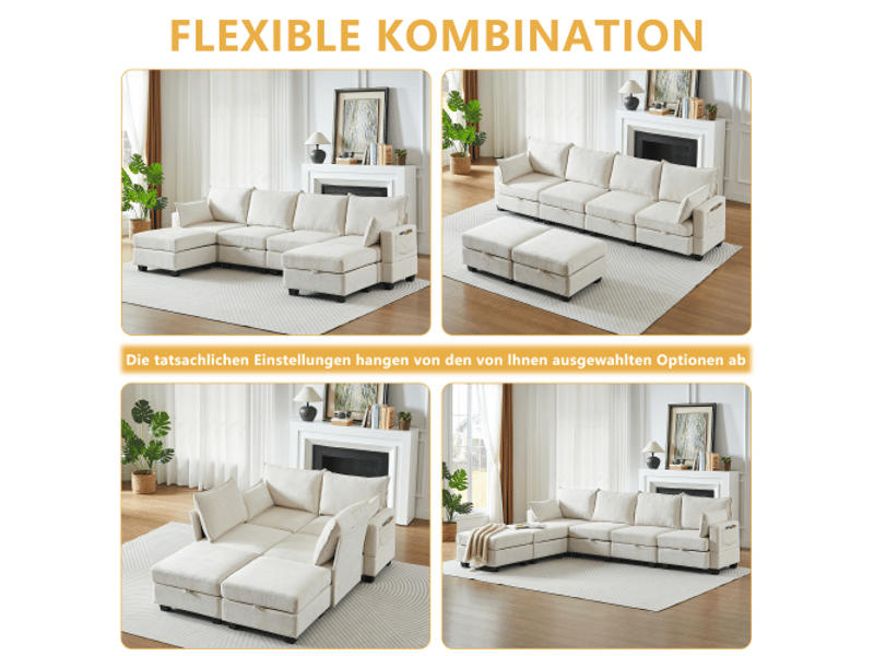 Canapé modulaire 6 places avec fonction couchage et rangement, configuration en l ou en u, en chenille beige - Conforama E