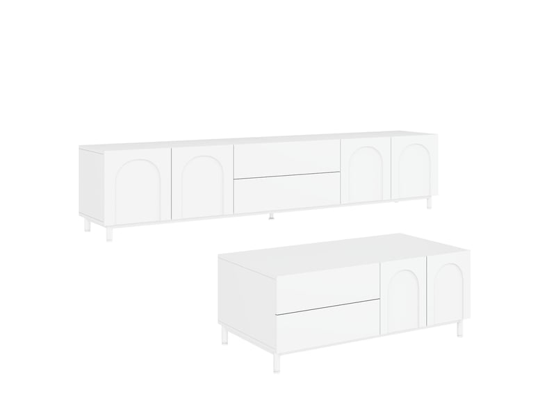  Ensemble meuble tv 180 cm et table basse avec portes à motif arqué, blanc  - Conforama A