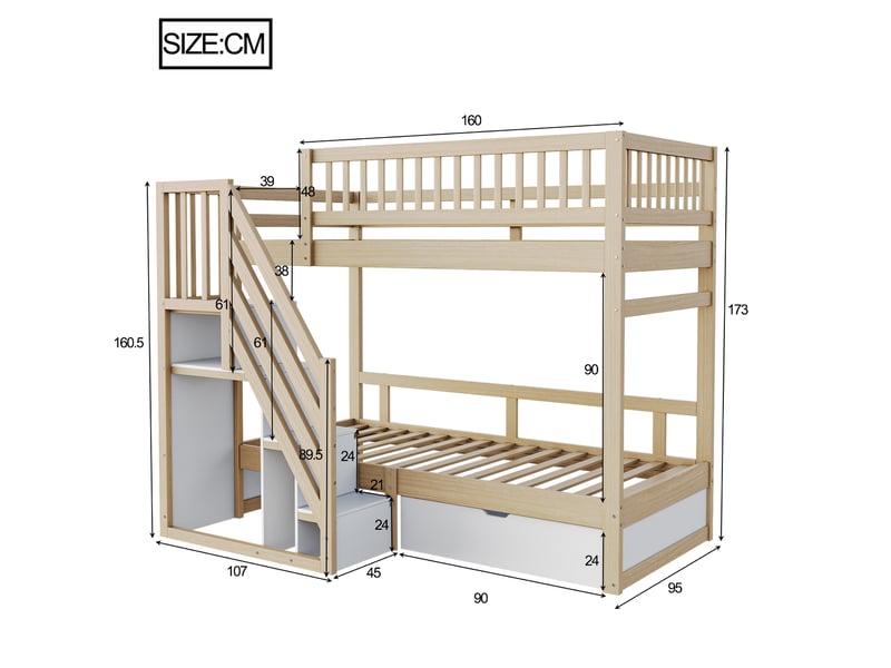  Lit superposé 90x200 cm, tiroirs de rangement, bois, escalier de rangement, bois naturel, sans matelas  - Conforama C