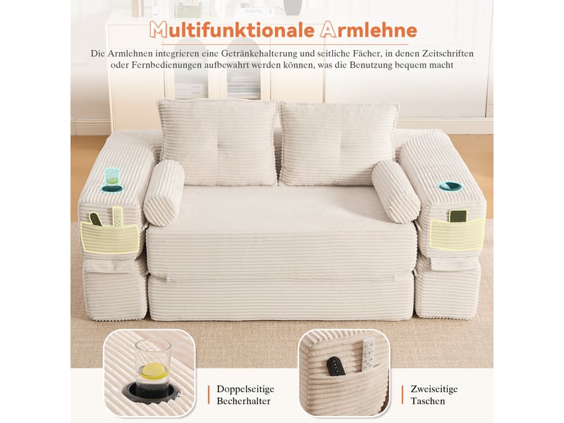  Canapé convertible 2 places en velours côtelé beige avec tiroir intégré et accoudoirs amovibles  - Conforama E