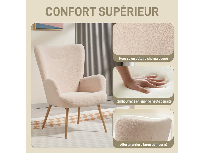  Fauteuil avec accoudoirs en tissu bouclette beige 71x74x97,5 cm  - Conforama D