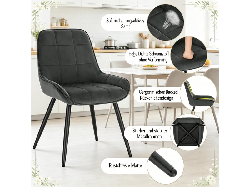  Lot de 4 chaises de salle à manger,43x52,5x81,5 cm,velours,gris foncé  - Conforama E