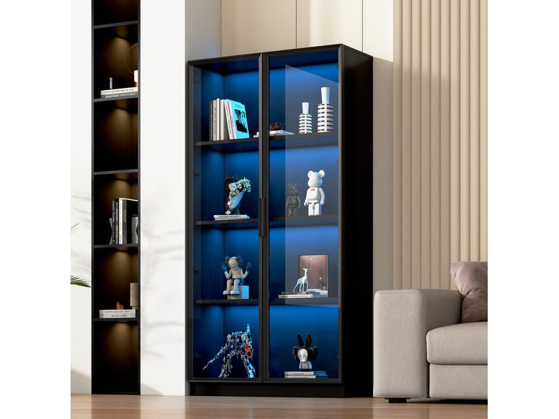 Vitrine tcqpz 4 portes en verre avec led contrôlée par application 160 x 40 x 160 cm rangement sur pied panneau de particules noir - Conforama E