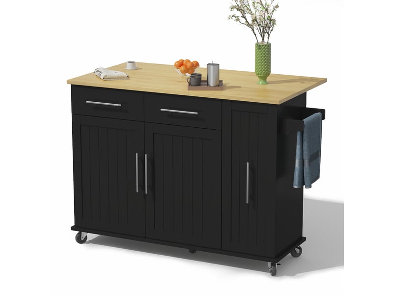 Îlot de cuisine à roulettes rabattable 120x40(65)x90 cm avec organiseur coulissant 3 niveaux, mdf, noir et naturel  - Conforama A