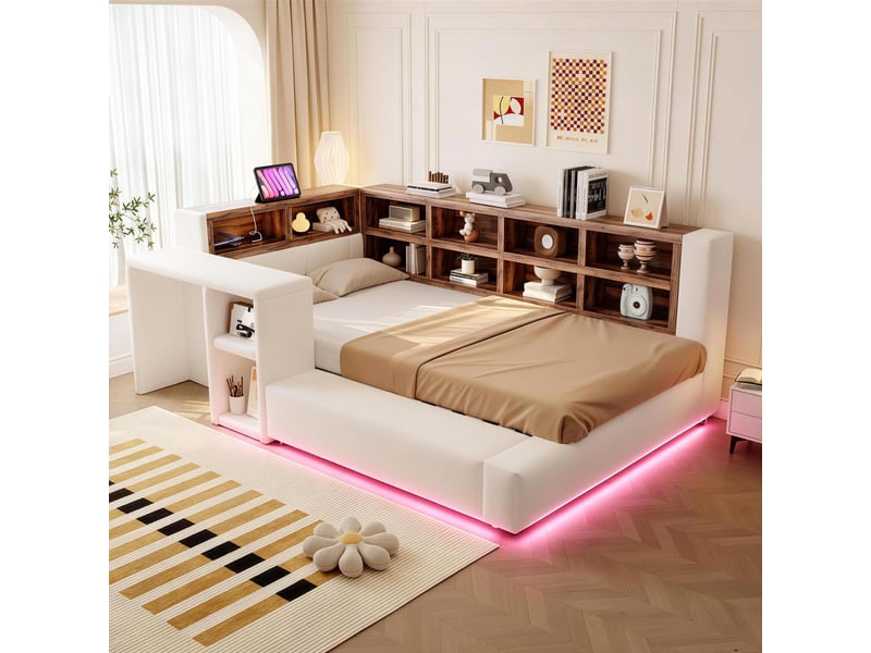  Petit meuble de rangement, 210x116x74 cm, éclairage led, ports de charge, beige LDU00645AAA-conf-NEW - Conforama E