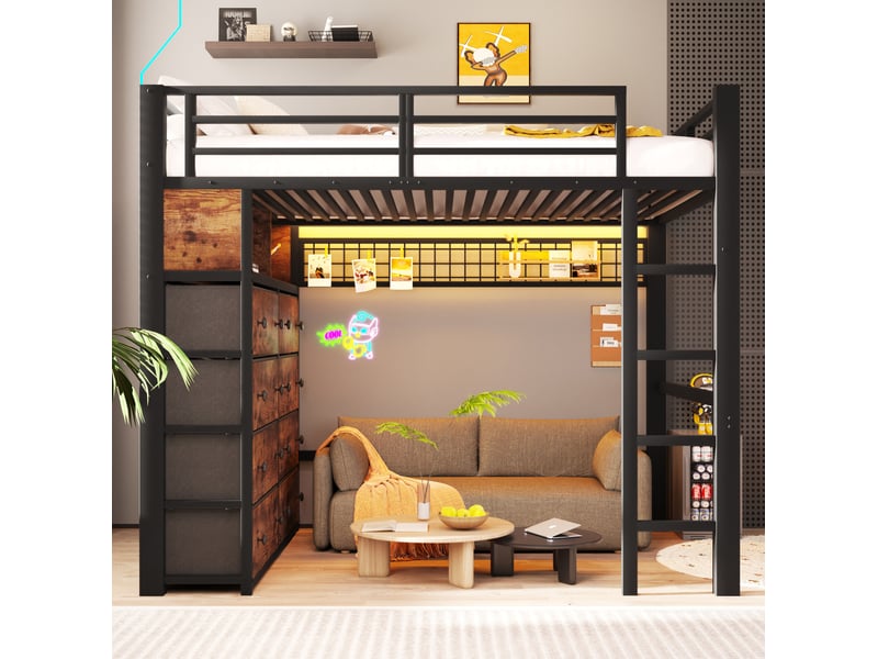  Lit mezzanine enfant 140x200 cm avec 8 tiroirs, led, étagères et panneau perforé noir  - Conforama E