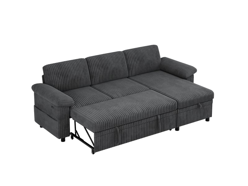  Canapé d'angle convertible réversible avec coffre, dossier réglable et ports usb et type-c en velours côtelé gris  - Conforama A