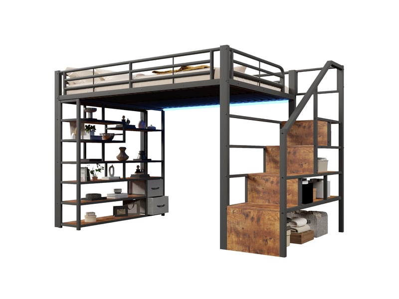 Lit mezzanine enfant 140x200 cm, escalier avec rangement, 2 tiroirs en tissu, étagères, led, espace ouvert, métal noir Radiant Stride - Conforama A
