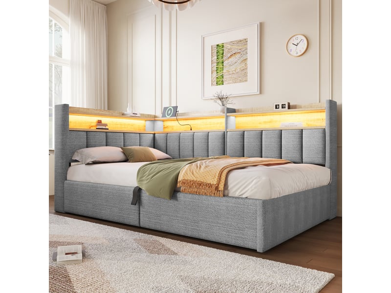 Lit banquette 90x200 cm gris en velours avec rangement hydraulique, led, usb et meuble latéral montable à gauche ou à droite Morn Vibe - Conforama B