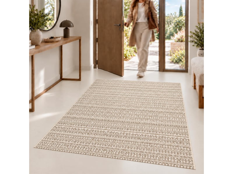  The white stone tapis extérieur à rayures 160x230 cm tourterelle | pour intérieur et extérieur, résistant aux uv et à l'eau, lavable | tapis en polypropylène tissé à plat effet sisal  - Conforama D