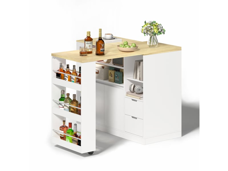 Îlot de cuisine avec plan de travail extensible, îlot central 115 cm avec rangement, mdf blanc et bois naturel, 115x50x92 cm. - Conforama W