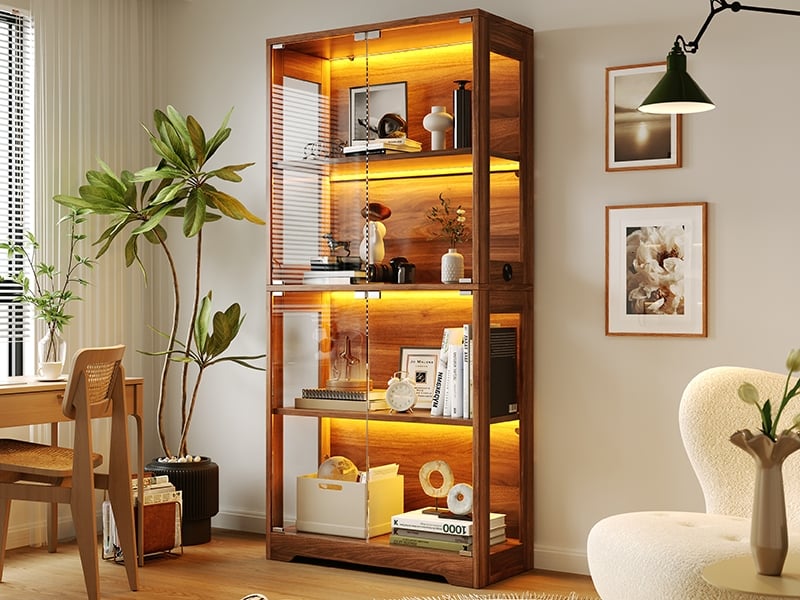  Vitrine led en verre trempé, 3 couleurs, capteurtactile, socle rond, parois acrylique, push-to-open, 80x35x160cm, marron  - Conforama B