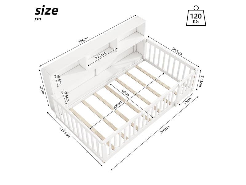  Lit banquette tcqpz 90 x 200 cm avec rangement latéral et sommier à lattes sans matelas bois de pin médium blanc  - Conforama C