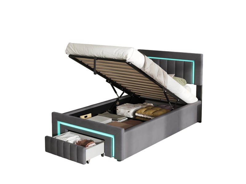 Lit rembourré 90x190 cm avec coffre hydraulique, tiroir, led blanc chaud et sommier à lattes, gris  - Conforama B