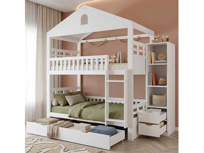  Lit superposé modenvie 90 x 200 cm style maison avec rangement et tiroirs blanc  - Conforama D