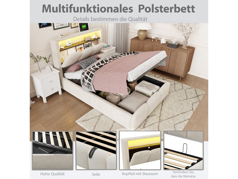 Lit enfant avec coffre hydraulique, rangement tête de lit, led et ports usb et type c, beige, chambre 90 × 200 cm - Conforama E