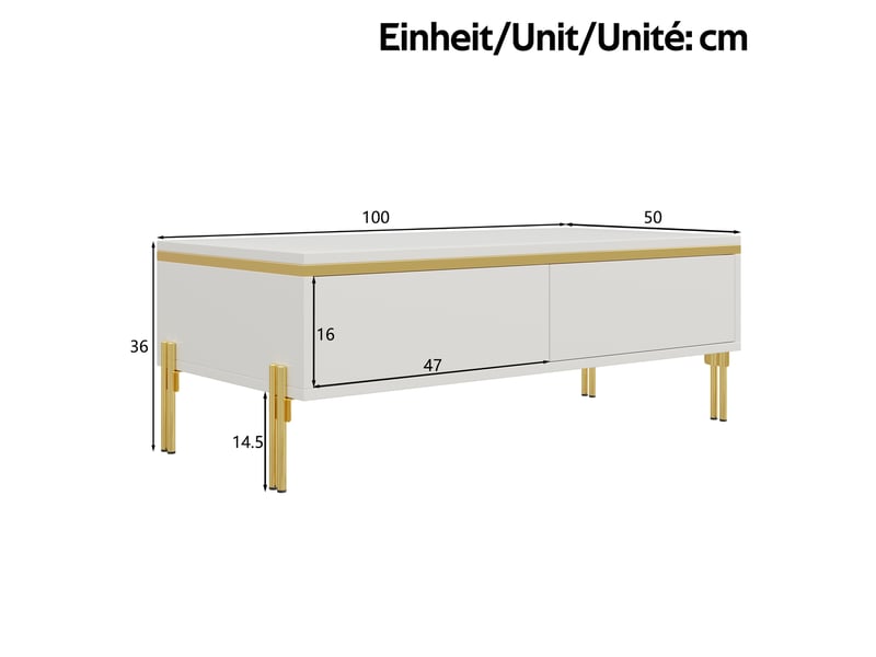 Table basse 100x50x36 cm avec 2 tiroirs sur deux côtés, pieds en métal et panneaux de particules brillants, blanc et doré ABC - Conforama C