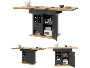Table à manger extensible 110-140x80 cm avec tiroirs, porte-bouteilles et rangements, idéale pour 4 à 6 personnes
