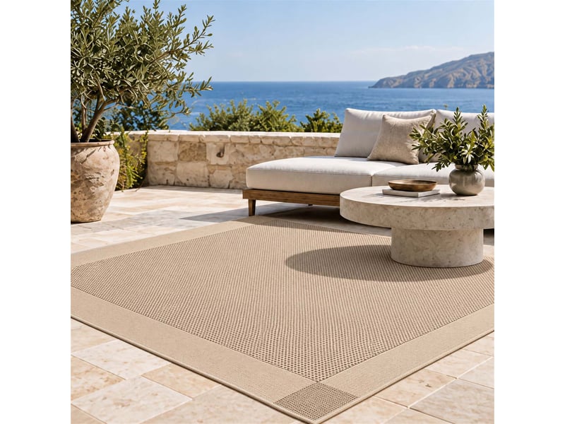  The white stone tapis extérieur avec bande extérieure 140x200 cm tourterelle | pour intérieur et extérieur, résistant aux uv et à l'eau, lavable | tapis en polypropylène tissé à plat effet sisal  - Conforama C
