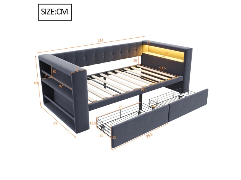  Lit simple 90x190 cm, avec lit enfant, 2 tiroirs, led, prise usb, rangements, flanelle et mdf, gris foncé, sans matelas  - Conforama C