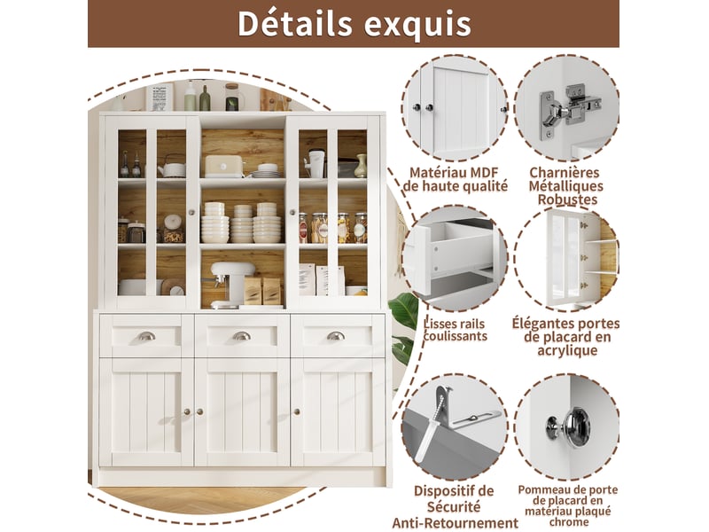  Buffet vaisselier moderne 140 x 40 x 175 cm – blanc – 5 portes, 3 tiroirs et étagères réglables pratiques  - Conforama E