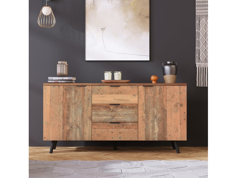 Meuble tv vintage marron bois vieilli avec 3 tiroirs et étagères réglables, 140 cm - Conforama B