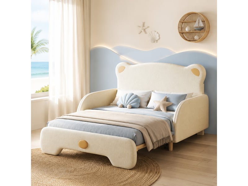  Lit enfant gigogne 2 places 140×200 cm et 140×105 cm - okmyhome- velours beige, bords souples, sans matelas  - Conforama B