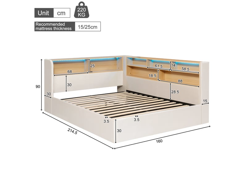  Lit coffre 140x190 cm en velours beige avec led, usb, type-c et sommier à lattes  - Conforama C