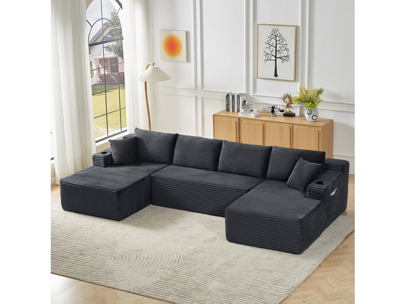 Canapé modulable en u 6 places sans structure rigide, en velours côtelé gris foncé  - Conforama B