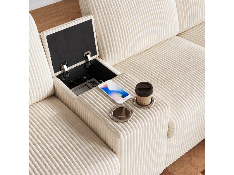  Canapé u 315x135x81 cm, avec 2 poufs de rangement, table basse, ports de charge usb, prises et ports type-c, velours côtelé beige  - Conforama D