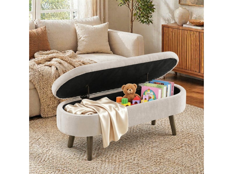  Banc de rangement 110x40x42 cm en chenille beige avec coffre intérieur  - Conforama B