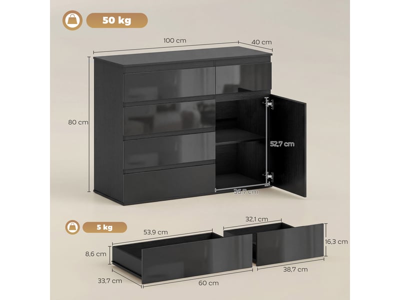 Buffet moderne, buffet de rangement avec 5 tiroirs, étagère réglable, porte à fermeture amortie, noir laqué brillant - Conforama E
