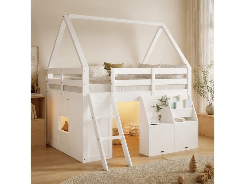  Lit mezzanine maison 140x200 cm équipé de led, d'espace de rangement et d'escalier, blanc, bois, sans matelas  - Conforama B
