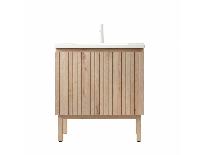  Meuble vasque 80 cm avec vasque intégrée en céramique blanche, finition chêne blanc  - Conforama A