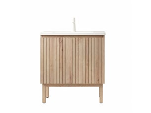 Meuble vasque 80 cm avec vasque intégrée en céramique blanche, finition chêne blanc