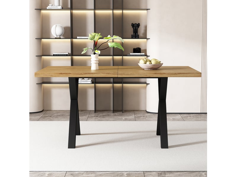  Table à manger 140x80x76 cm, style industriel, pieds croisés, structure métal, plateau mdf, couleur bois et noir  - Conforama E