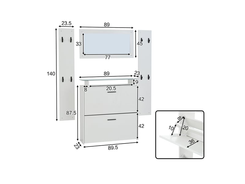  Ensemble meuble d'entrée complet 4 pièces, vestiaire de couloir gain de place avec meuble à chaussures miroir et 8 patères, style scandinave, blanc  - Conforama E
