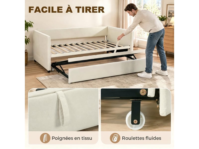  Canapé-lit 2 en 1 beige, canapé 2 places convertible en lit double 90 x 190 cm  - Conforama W