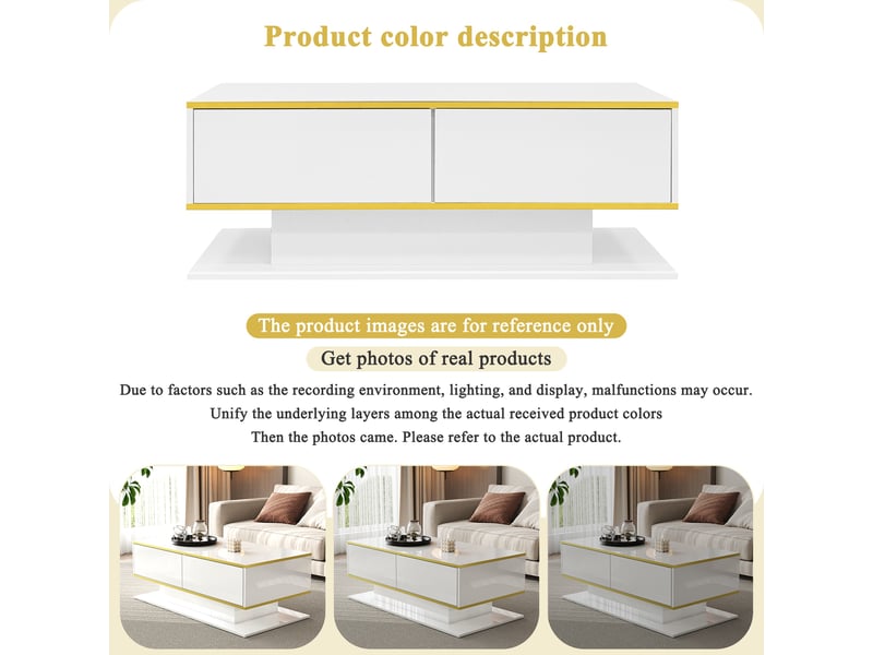  Table basse blanc, 3 tiroirs, rangement, éclairage led, design moderne, structure robuste - panneaux de particules - 100x50x40cm  - Conforama B