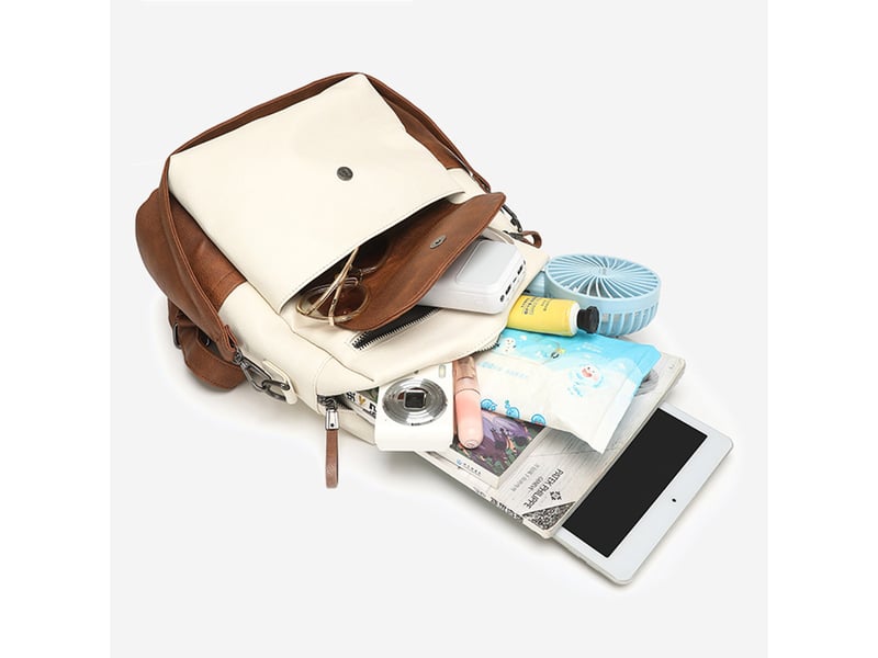  Sac à dos femme en cuir, petit format – imperméable, anti-vol, bandoulière pour ladies-blanc + marron  - Conforama E