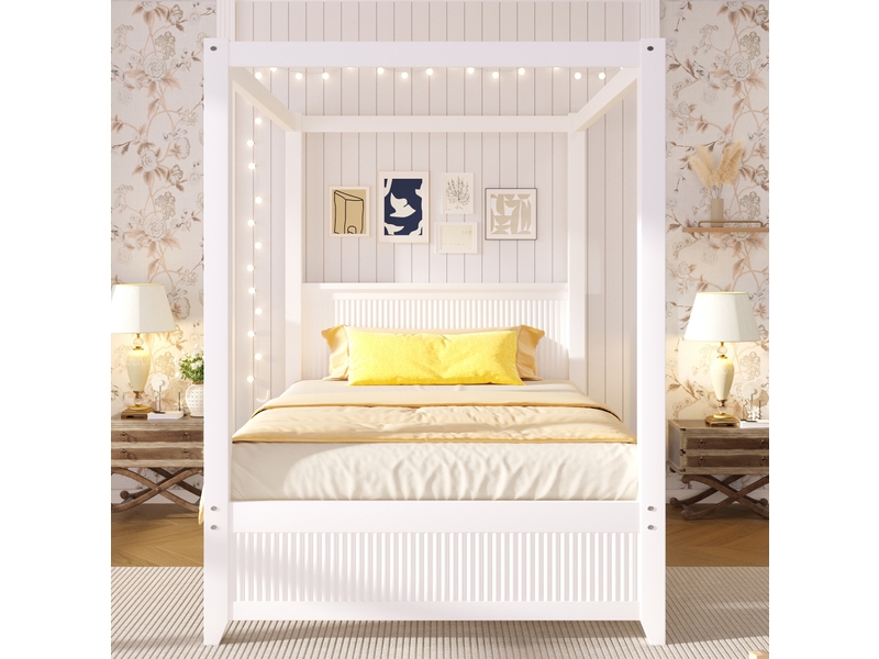  Lit à baldaquin 90x200 cm en pin et mdf blanc scandinave  - Conforama D